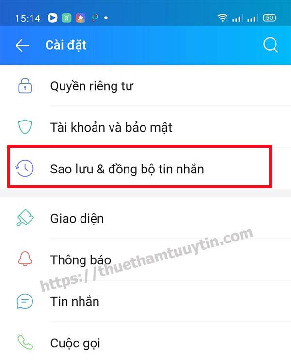 Tìm nút sao lưu và đồng bộ tin nhắn Zalo
