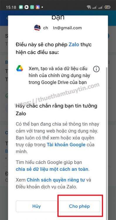 Giao diện liên kết tài khoản Google Drive
